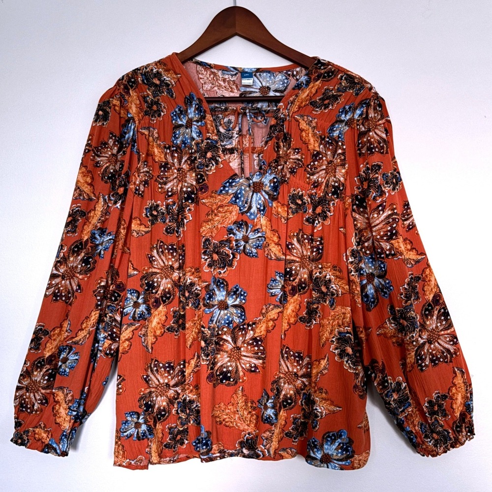 Old Navy Rust Floral Peasant Blouse Sz XXL Tie Neck Bishop Sleeve Fall Boho